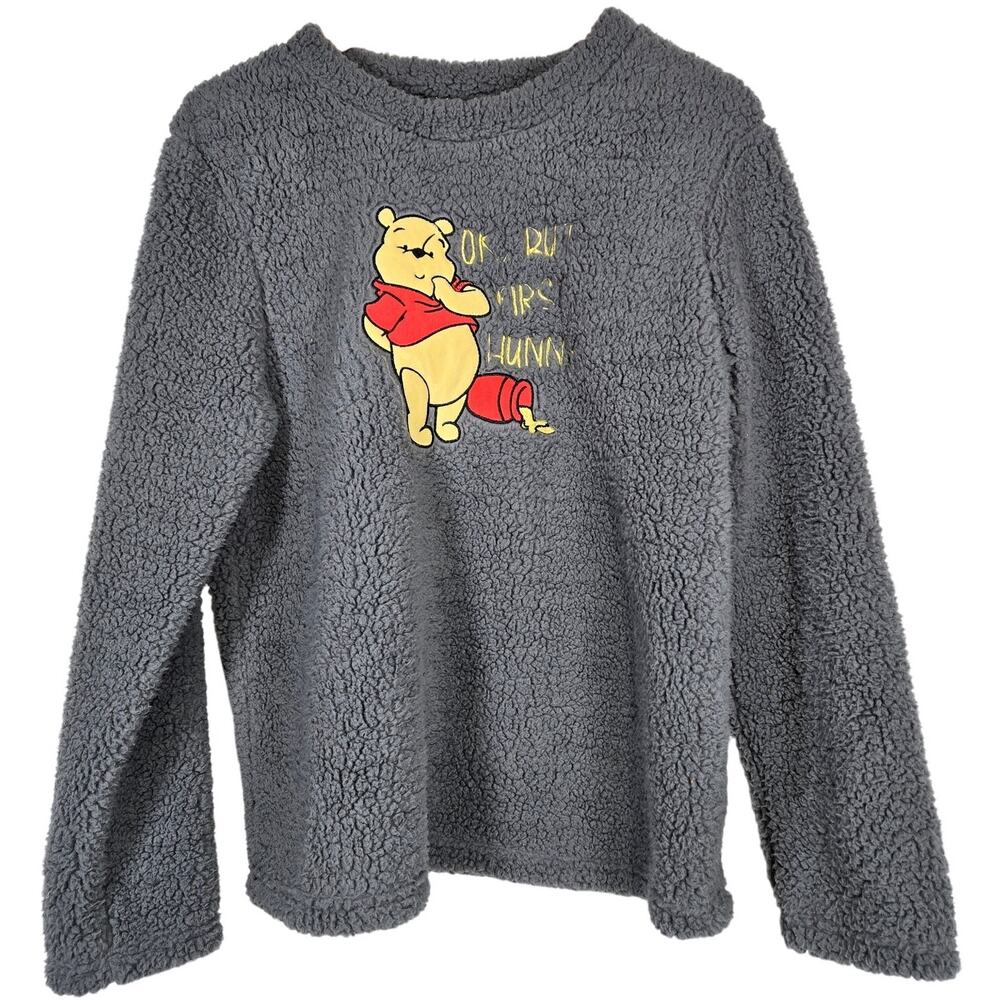 Disney Winnie the Pooh Sherpa Fleece Sleepwear Top M Gray "Ok But First‎ Hunny"
